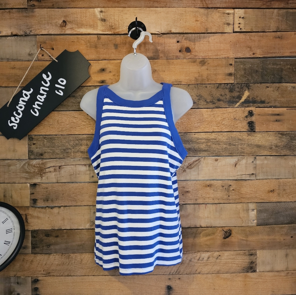 SALE-Free Assembly Women's Sleeveless Halter Tank Top Blue & White Striped SZ XL